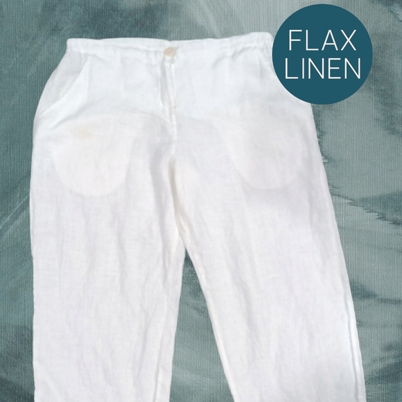 FLAX Linen White Pants Women's Sz M High Waist Elastic Waist Wide Leg Oversized - Picture 4 of 12